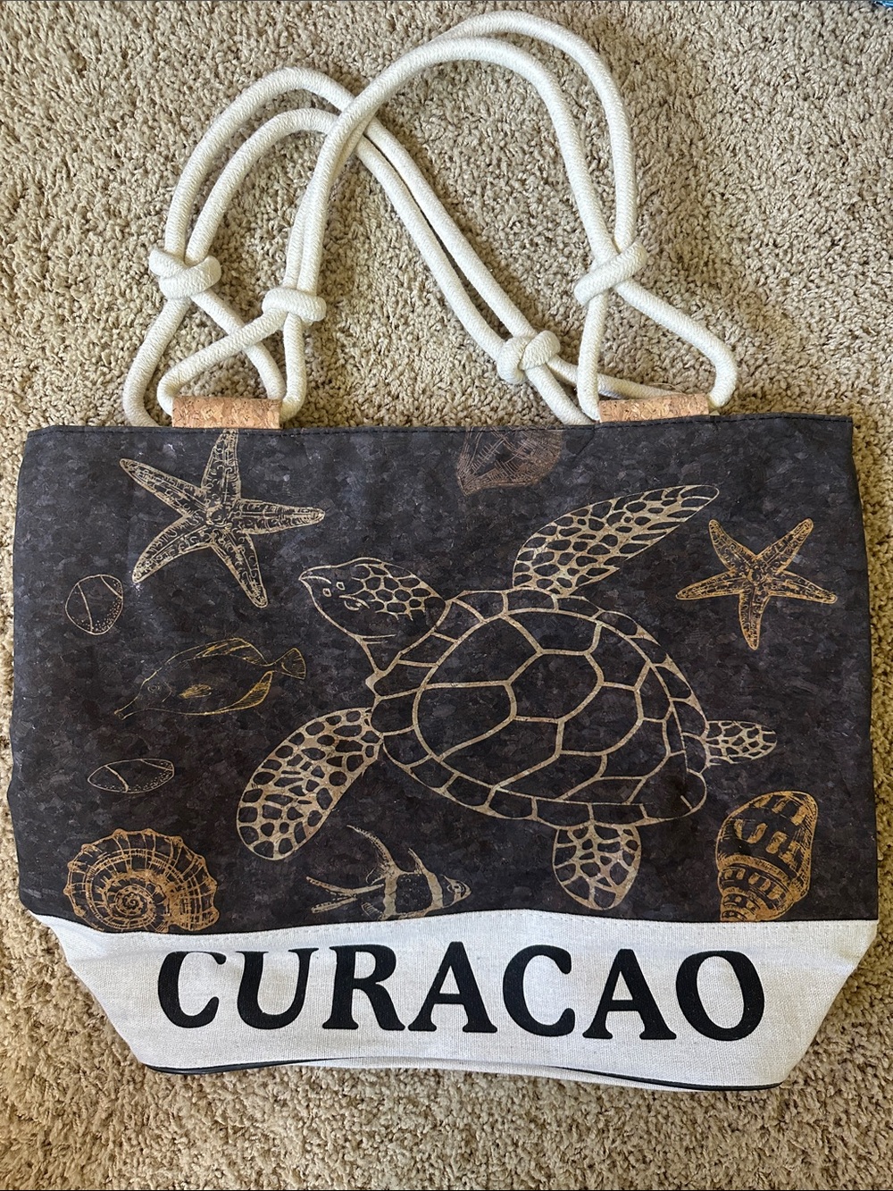 NEW Curacao Turtle Canvas Tote Bag in Black and Cream zippered top